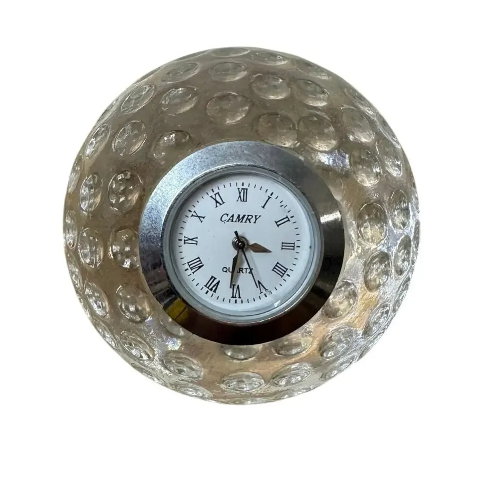 Vintage Miniature Desk Clock Quartz Camry Brand Glass Golf Ball Golfing